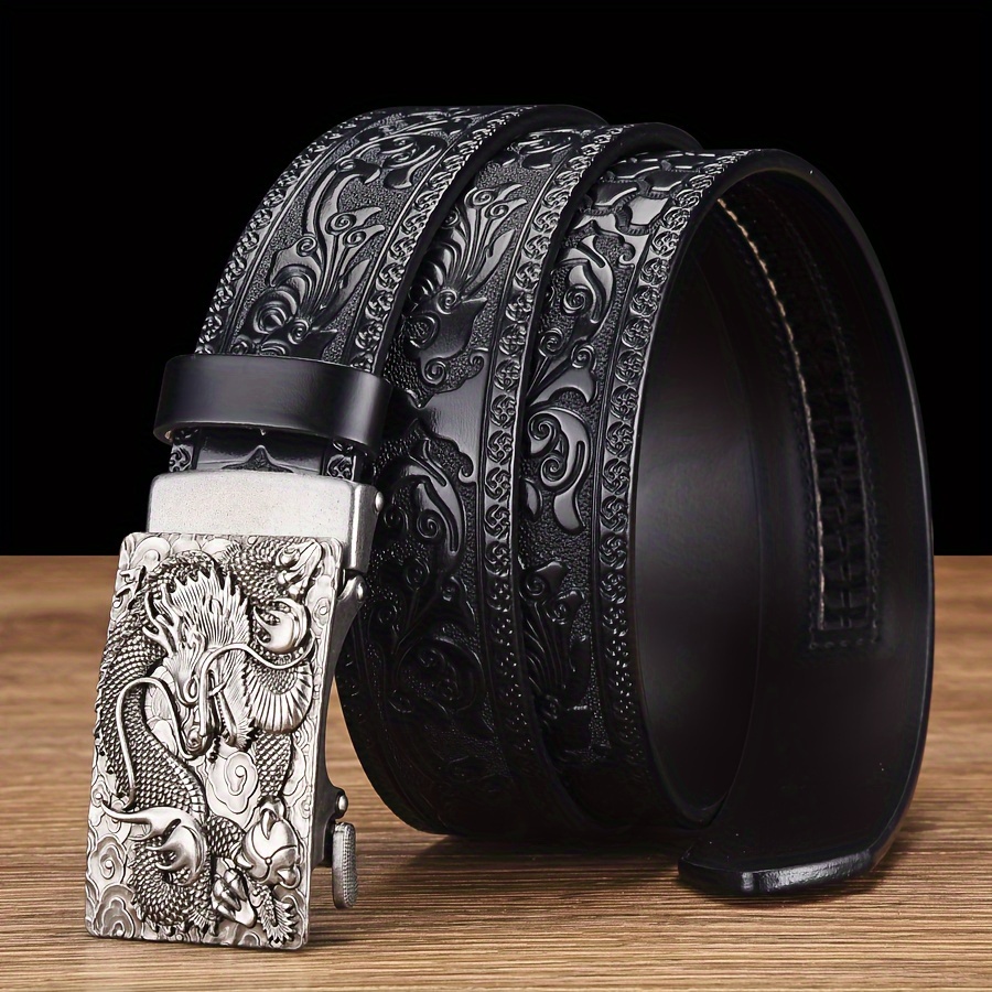 Dragon Head Leather Belt Men Intricate Carving Golden Buckle Brown Cowhide